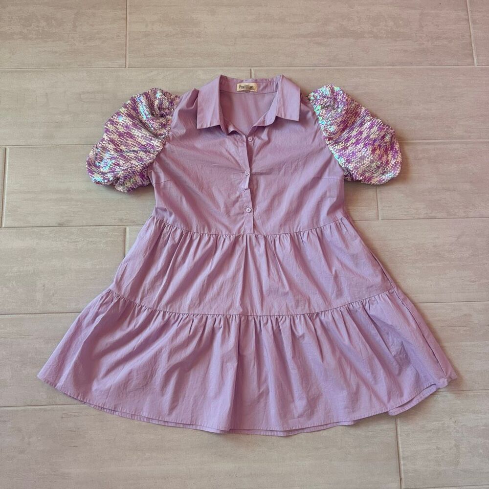 Peach Love Mini Dress Sequined Puff Sleeve Loose Fit Purple Large Party